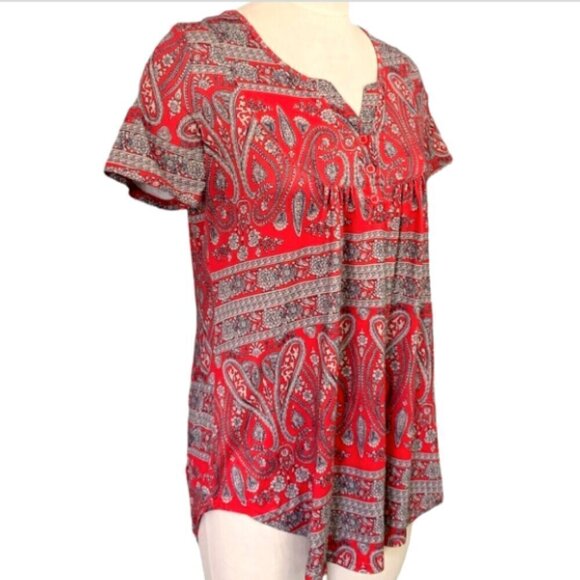 Halife Short Sleeve Henley Tunic Top Paisley Red Sz M #3E - Picture 4 of 7